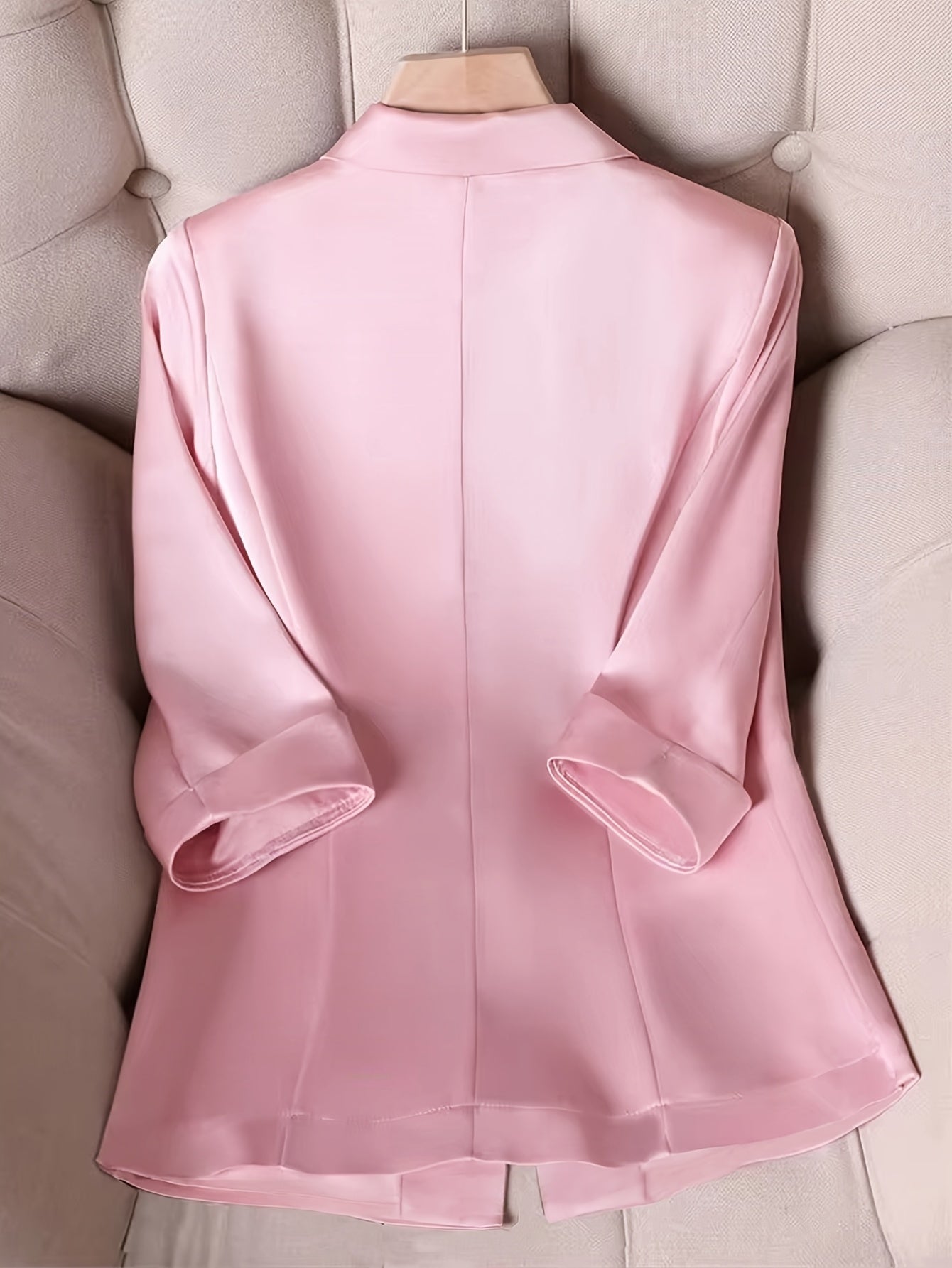 Elegant Satin Blazer for Women, Solid Color, Single Breasted, Three Quarter Sleeve, Polyester 96% Elastane 4%, Regular Fit, Woven, Button Detail, No Belt, All Seasons
